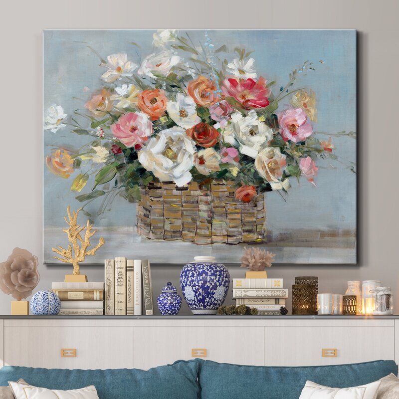 Vibrant Floral Oil Painting in Woven Basket - Brighten Your Home Décor