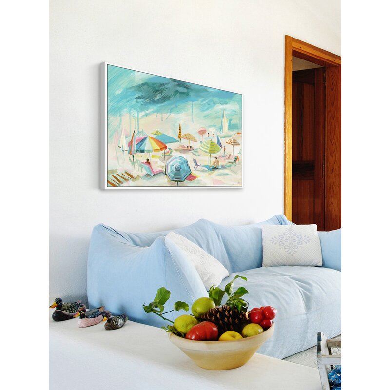 Charming French Riviera Beach Scene Oil Painting Print for Coastal Decor