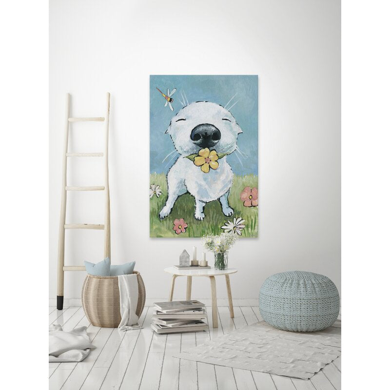 Joyful Dog in Garden with Flower - Whimsical Oil Painting Art for Dog Lovers