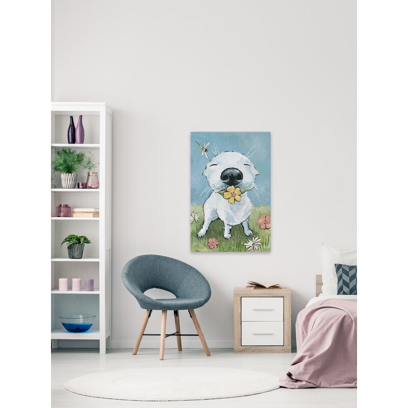 Joyful Dog in Garden with Flower - Whimsical Oil Painting Art for Dog Lovers