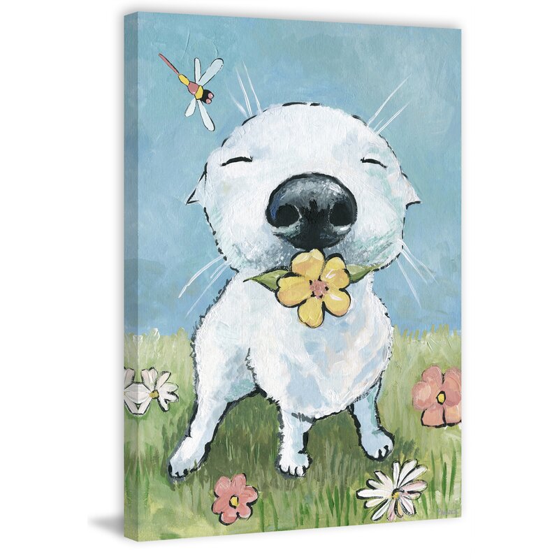 Joyful Dog in Garden with Flower - Whimsical Oil Painting Art for Dog Lovers