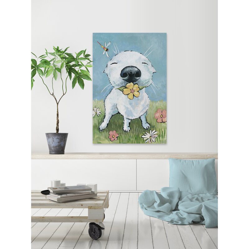 Joyful Dog in Garden with Flower - Whimsical Oil Painting Art for Dog Lovers