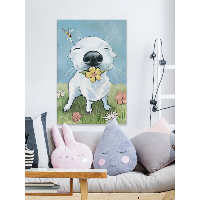 Joyful Dog in Garden with Flower - Whimsical Oil Painting Art for Dog Lovers