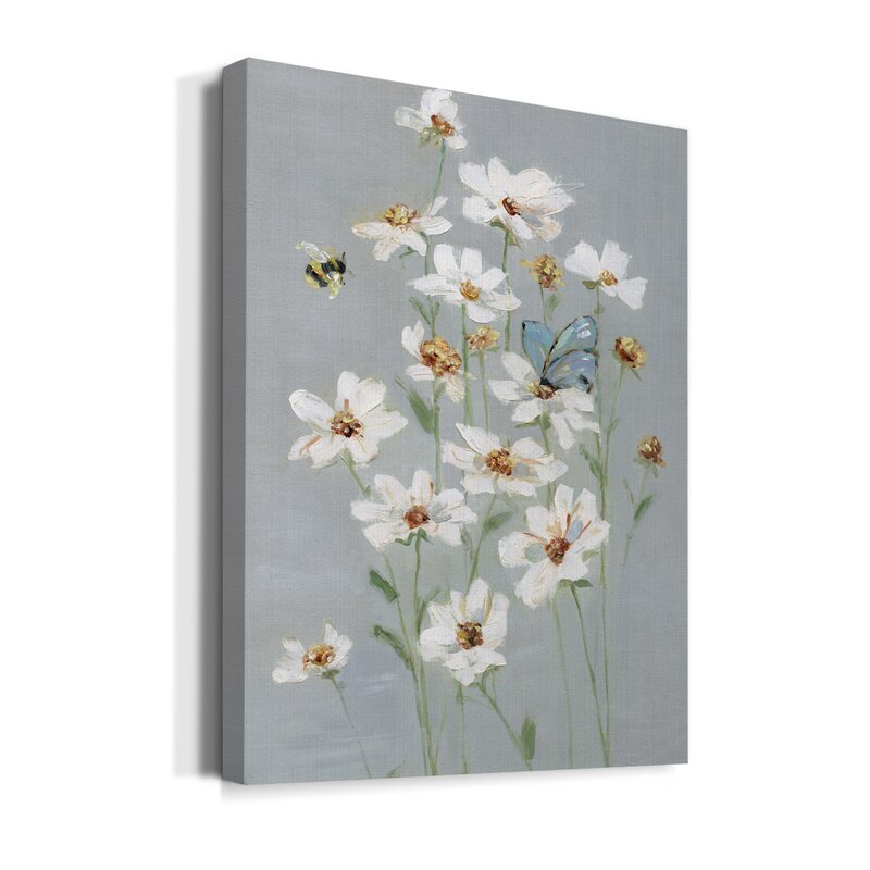 Elegant White Daisies with Butterfly - Charming Floral Oil Painting
