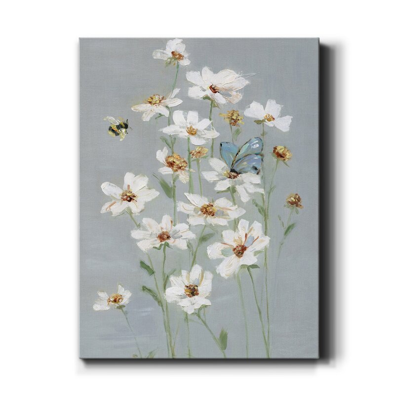Elegant White Daisies with Butterfly - Charming Floral Oil Painting