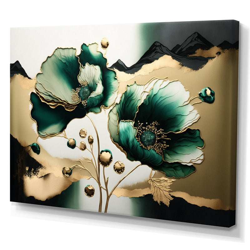 Elegant Green and Gold Poppy Floral Oil Painting for Home Decor