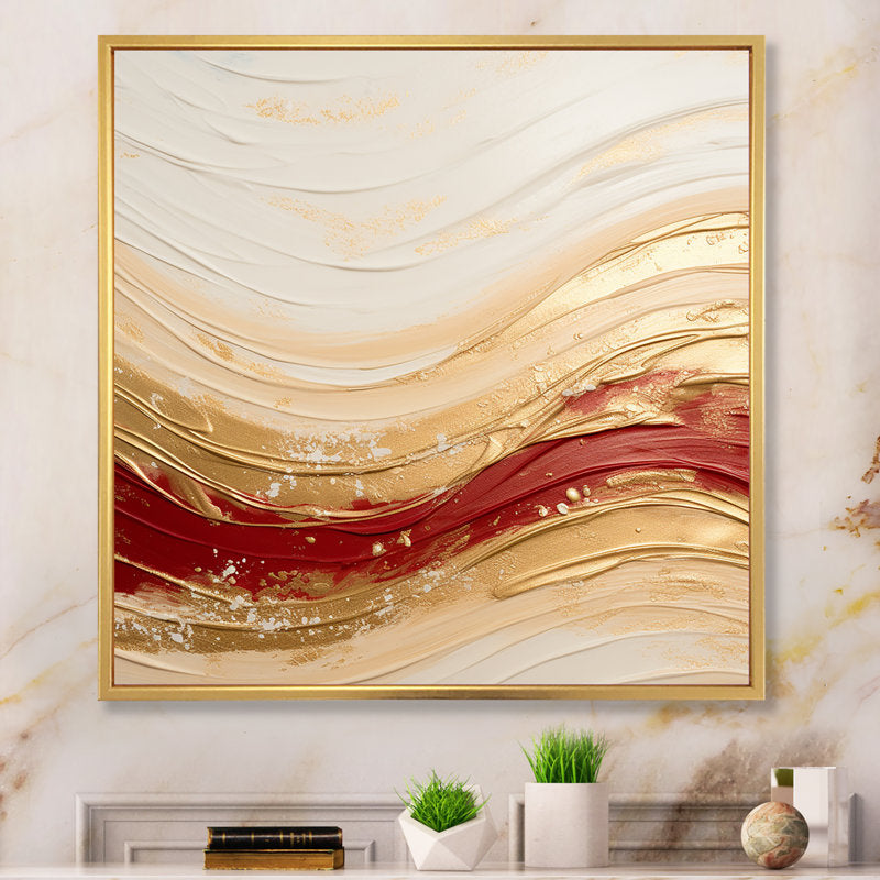 Elegant Gold and Red Abstract Wave Oil Painting for Modern Home Décor
