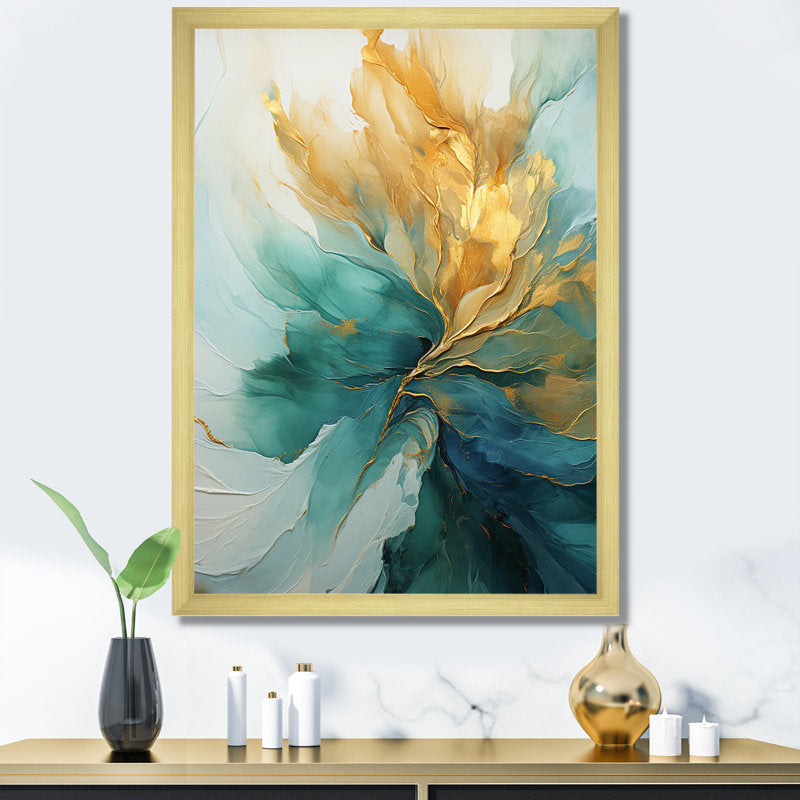 Gold and Teal Abstract Oil Painting for Elegant Home Decor