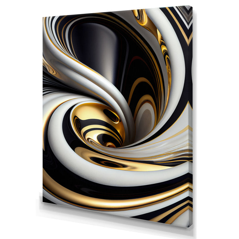 Elegant Gold, Black, and White Abstract Swirl Oil Painting for Modern Decor