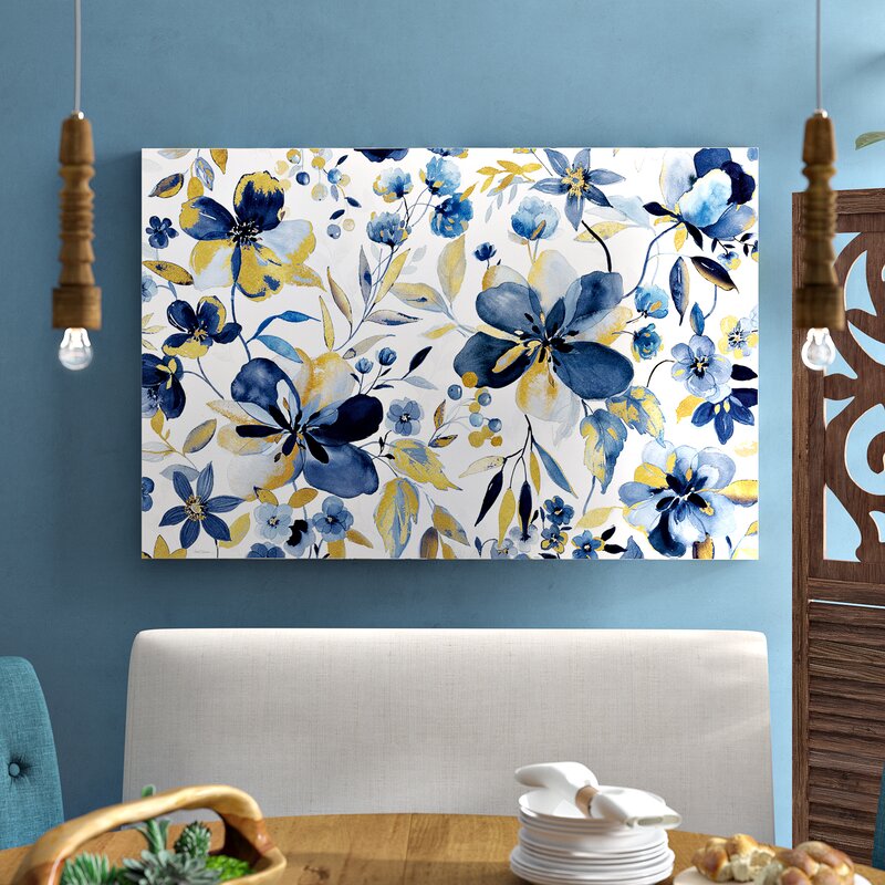 Blooming Blue and Gold Floral Oil Painting for Elegant Home Decor