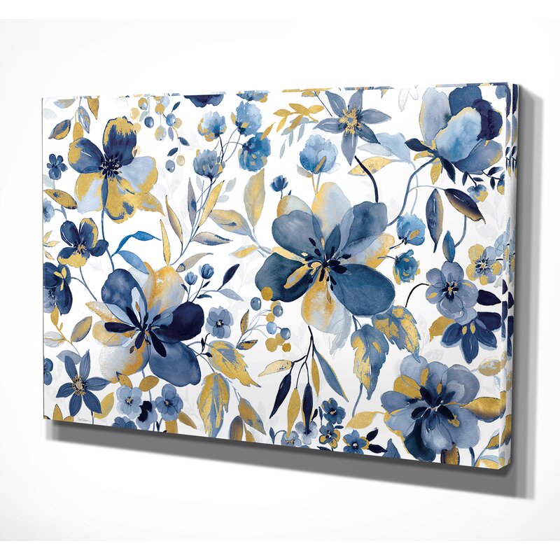 Blooming Blue and Gold Floral Oil Painting for Elegant Home Decor