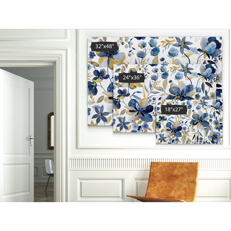 Blooming Blue and Gold Floral Oil Painting for Elegant Home Decor