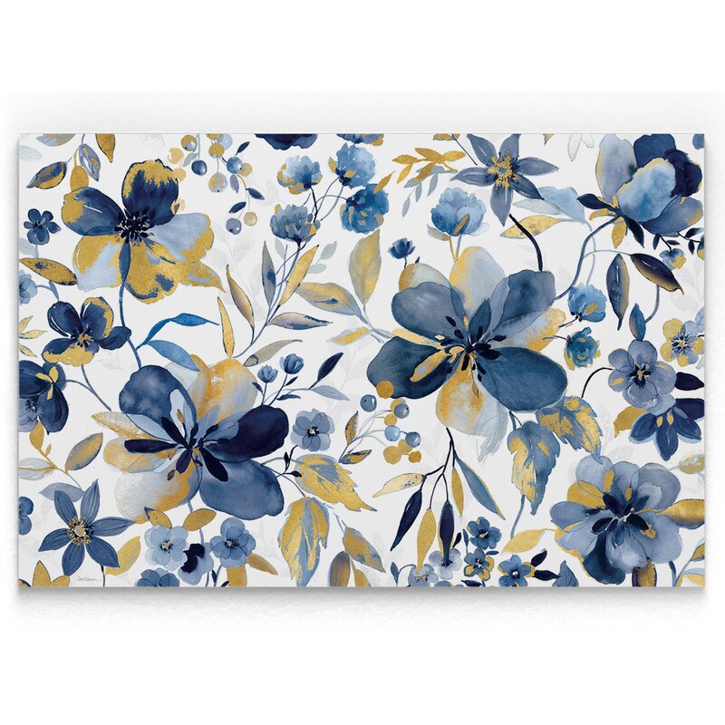 Blooming Blue and Gold Floral Oil Painting for Elegant Home Decor