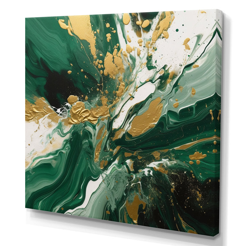 Emerald Elegance: Gold and Green Abstract Oil Painting for Modern Décor