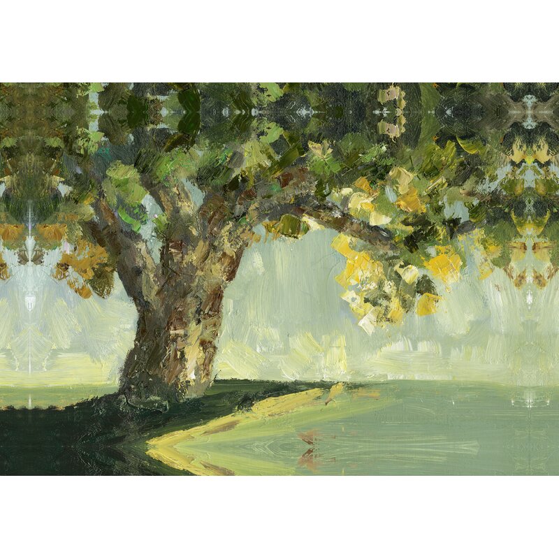 Serene Green Tree Abstract Oil Painting with Overhanging Branches