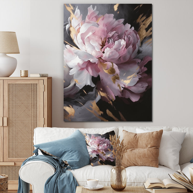 Elegant Pink and Grey Peony Flower Oil Painting for Home Décor