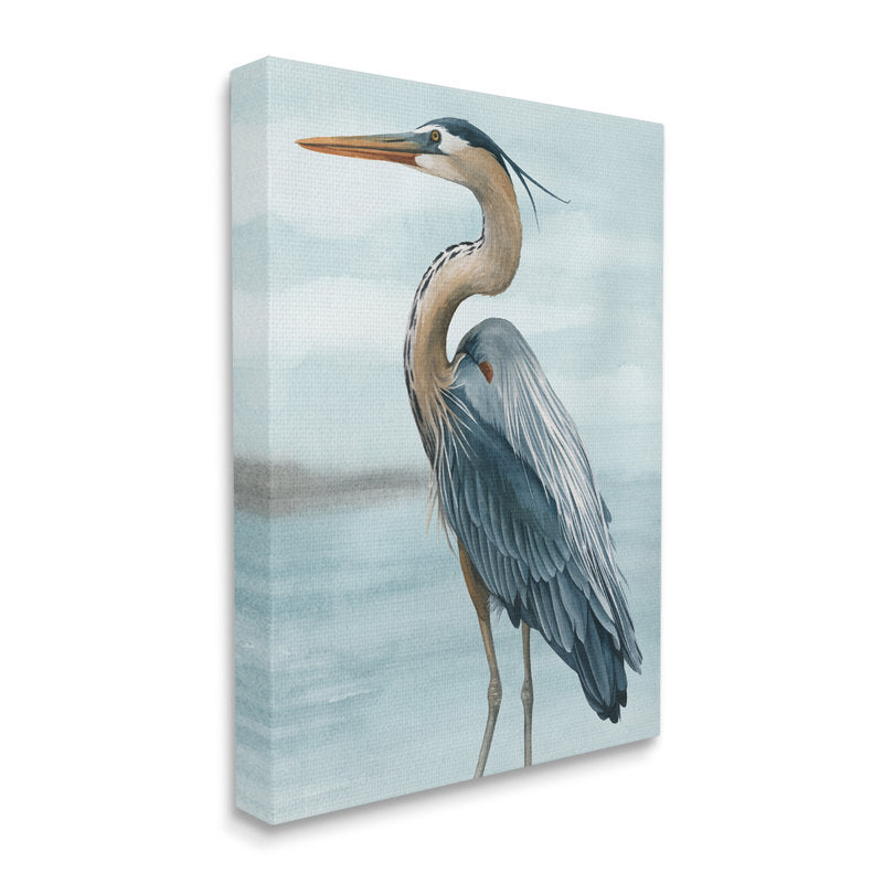 Grace Popp Heron Bird Oil Painting on Beach - Serene Coastal Art Print