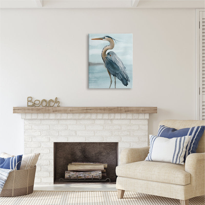 Grace Popp Heron Bird Oil Painting on Beach - Serene Coastal Art Print