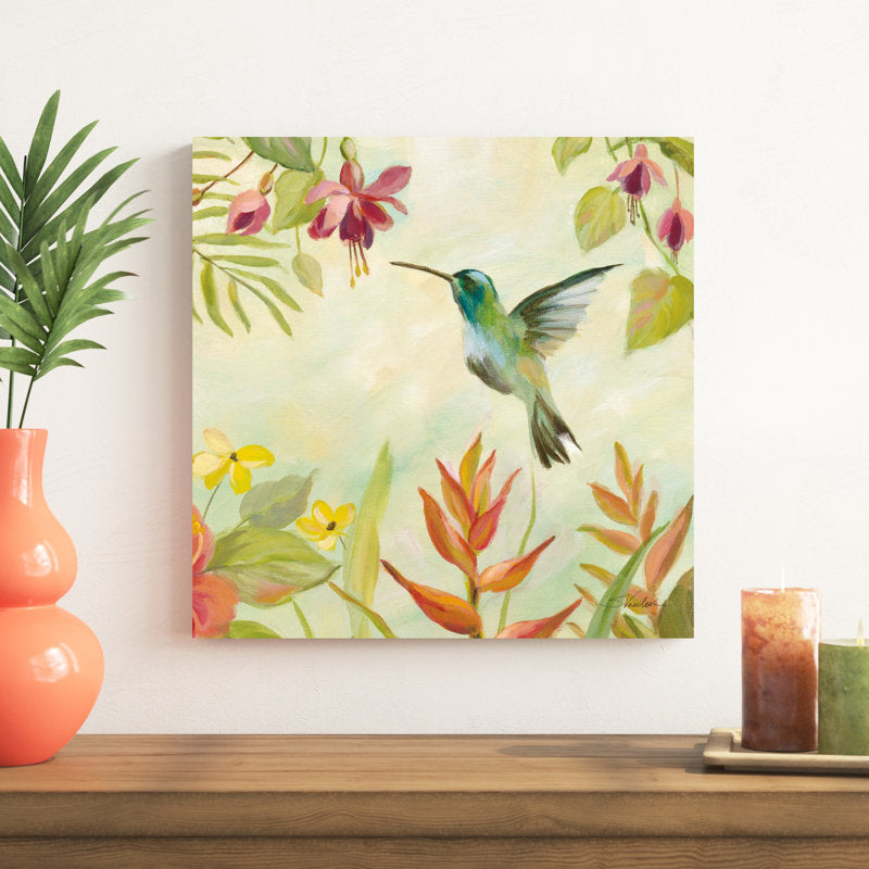 Enchanting Hummingbird Amid Vibrant Blooming Flowers Oil Painting