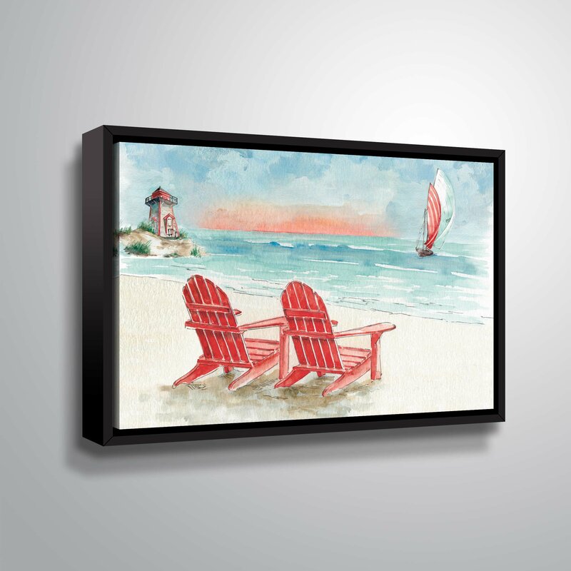 Tranquil Beach Scene with Red Adirondack Chairs and Sailboat