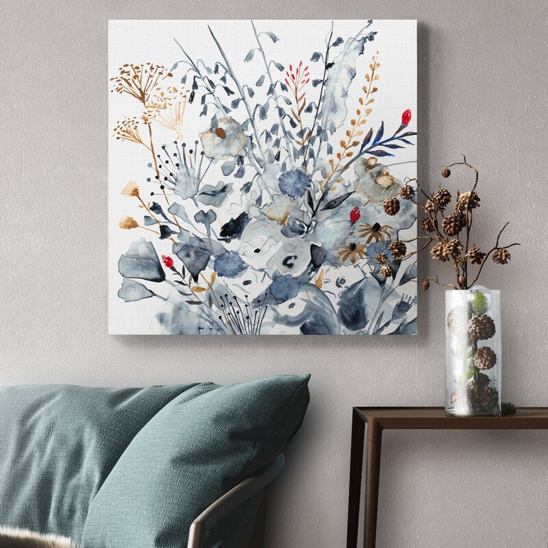 Elegant Floral Abstract in Indigo and Ochre Tones for Modern Decor