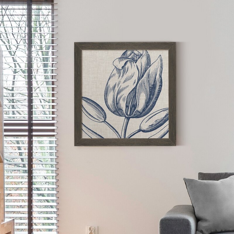 Indigo Floral Oil Painting on Linen - Elegant Framed Artwork for Home Decor