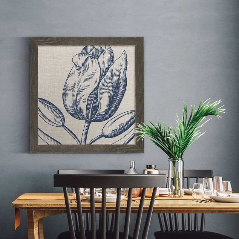 Indigo Floral Oil Painting on Linen - Elegant Framed Artwork for Home Decor