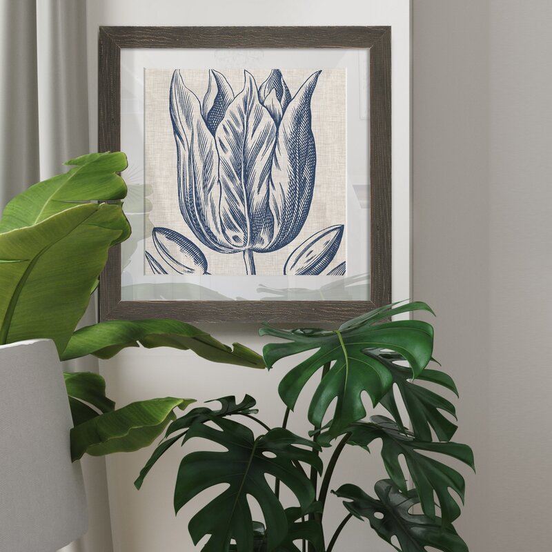 Indigo Floral Art on Linen - Elegant Framed Oil Painting for Home Décor