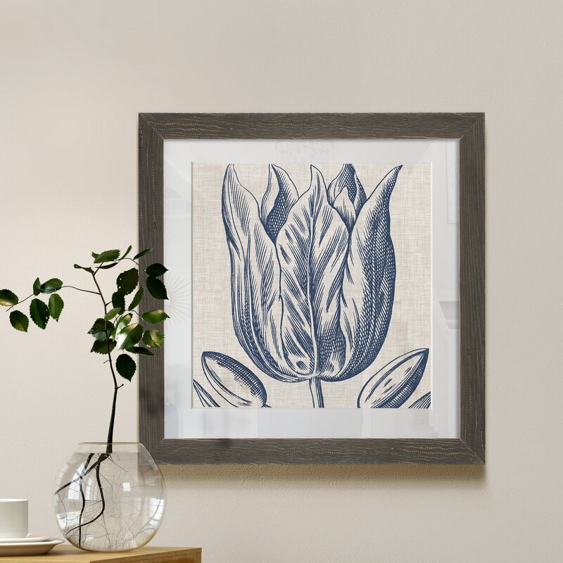 Indigo Floral Art on Linen - Elegant Framed Oil Painting for Home Décor