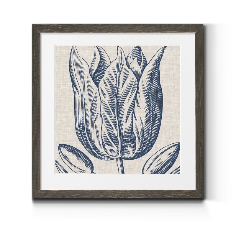 Indigo Floral Art on Linen - Elegant Framed Oil Painting for Home Décor