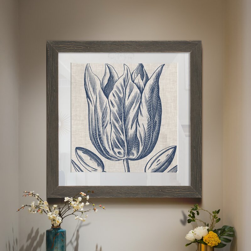 Indigo Floral Art on Linen - Elegant Framed Oil Painting for Home Décor