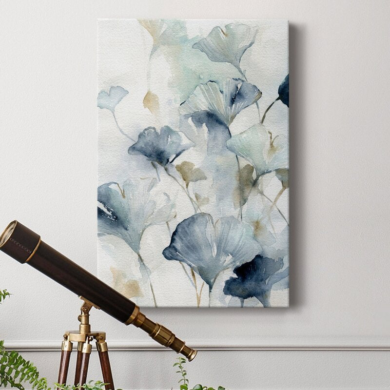 Elegant Indigo Ginkgo Floral Oil Painting for Modern Home Decor