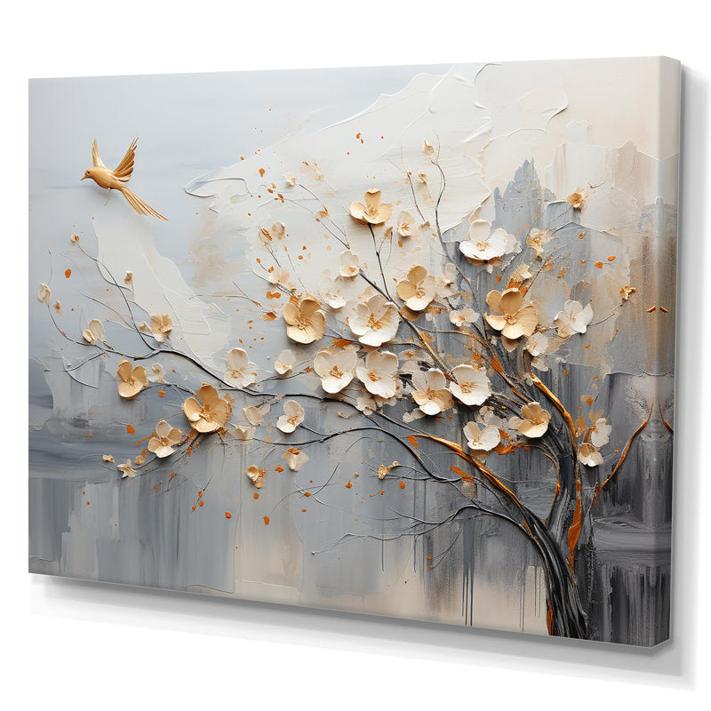 Elegant Beige and Gold Floral Tree Oil Painting for Sophisticated Home Decor