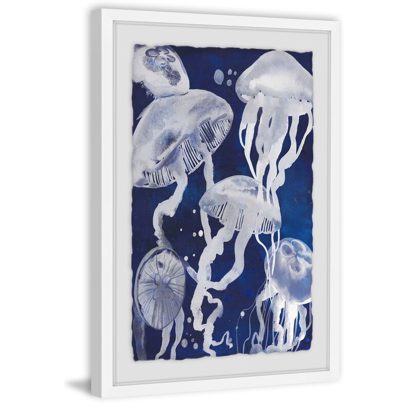 Whimsical Jellyfish Oil Painting in Deep Blue Ocean Background