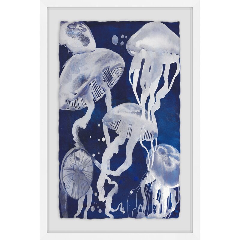 Whimsical Jellyfish Oil Painting in Deep Blue Ocean Background