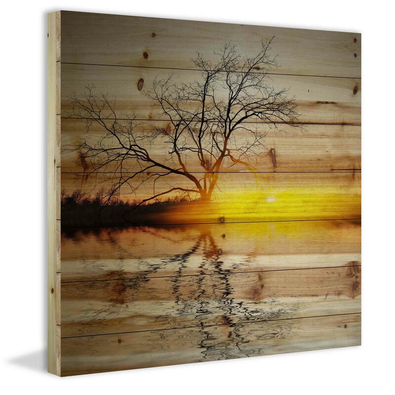 Serene Sunset Landscape Oil Painting with Tree Reflection on Water