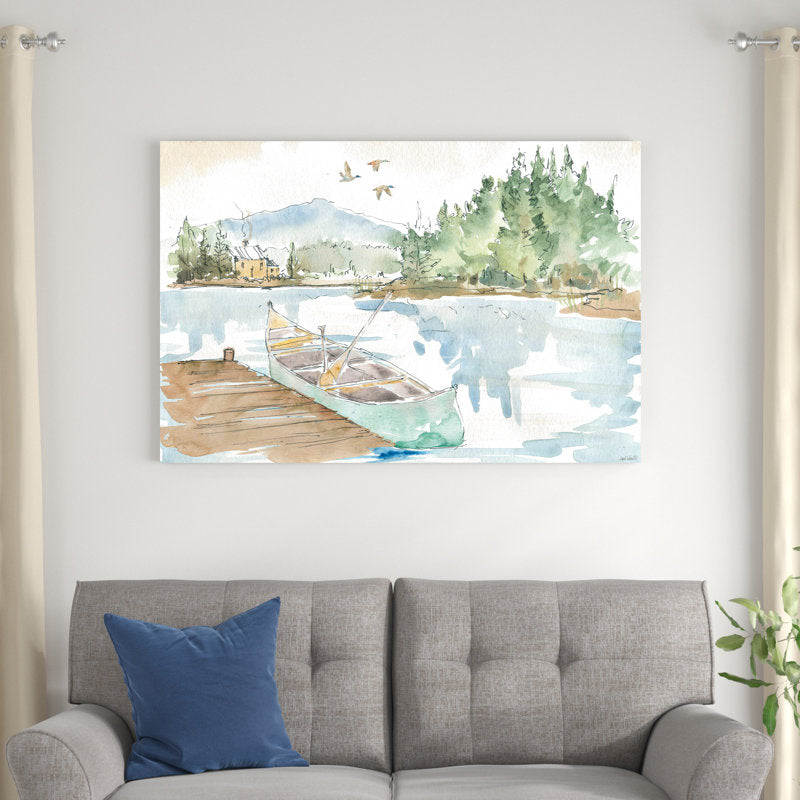 Serene Lakehouse Landscape with Canoe and Tranquil Waters
