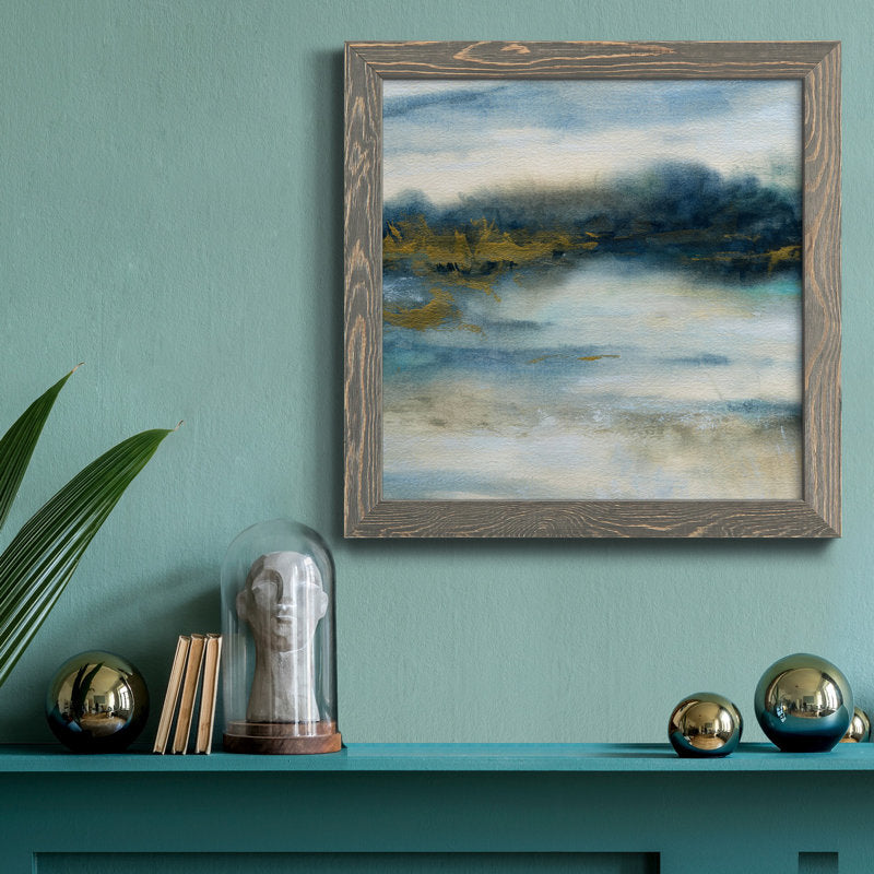 Serene Coastal Scene: Tranquil Blue and Gold Abstract Oil Painting for Home Decor