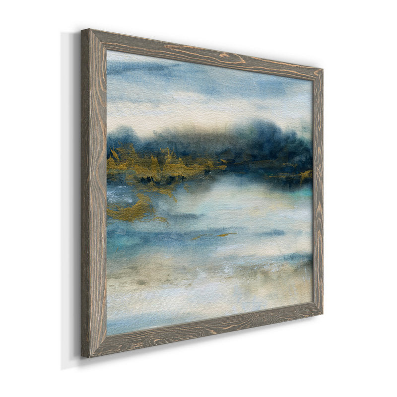 Serene Coastal Scene: Tranquil Blue and Gold Abstract Oil Painting for Home Decor