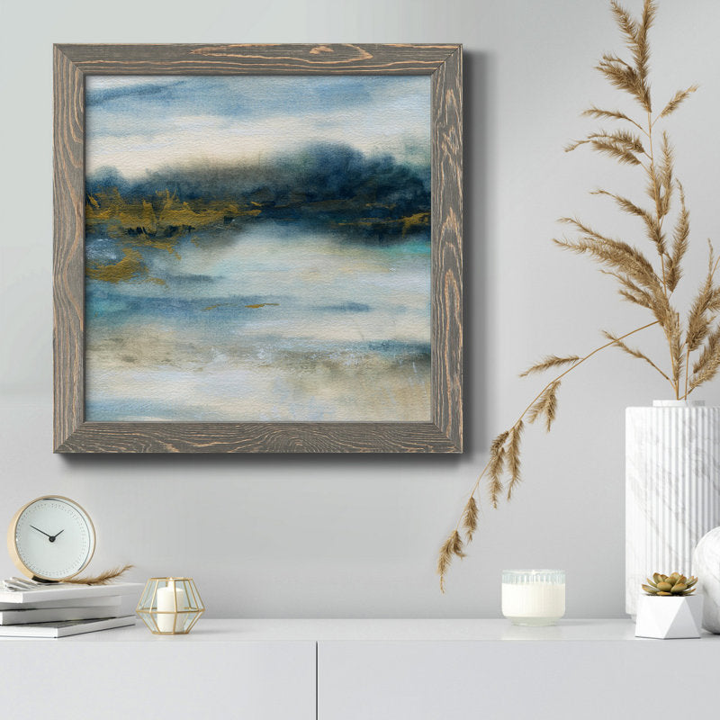 Serene Coastal Scene: Tranquil Blue and Gold Abstract Oil Painting for Home Decor