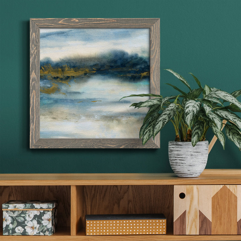 Serene Coastal Scene: Tranquil Blue and Gold Abstract Oil Painting for Home Decor