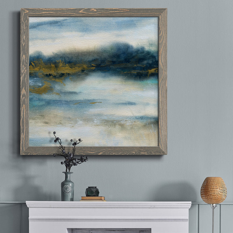 Serene Coastal Scene: Tranquil Blue and Gold Abstract Oil Painting for Home Decor