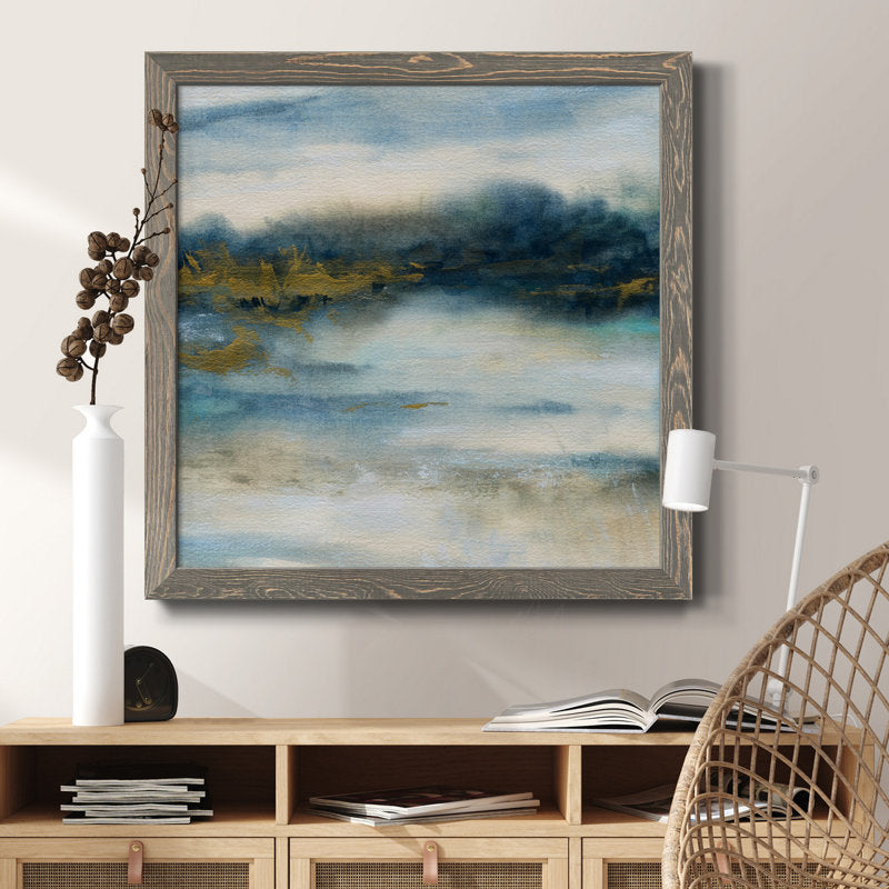 Serene Coastal Scene: Tranquil Blue and Gold Abstract Oil Painting for Home Decor