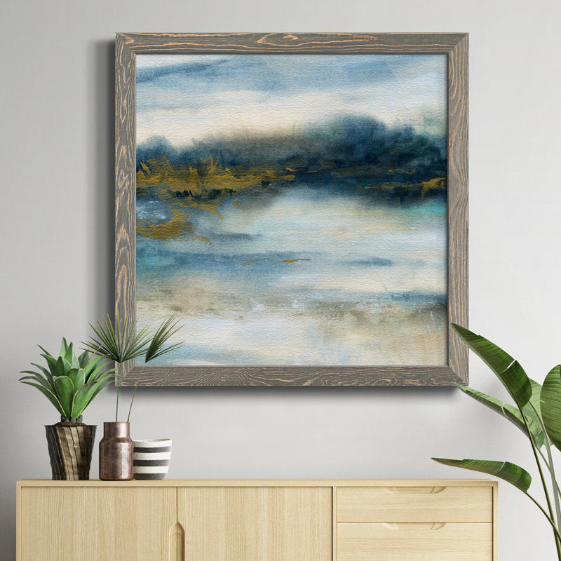 Serene Coastal Scene: Tranquil Blue and Gold Abstract Oil Painting for Home Decor