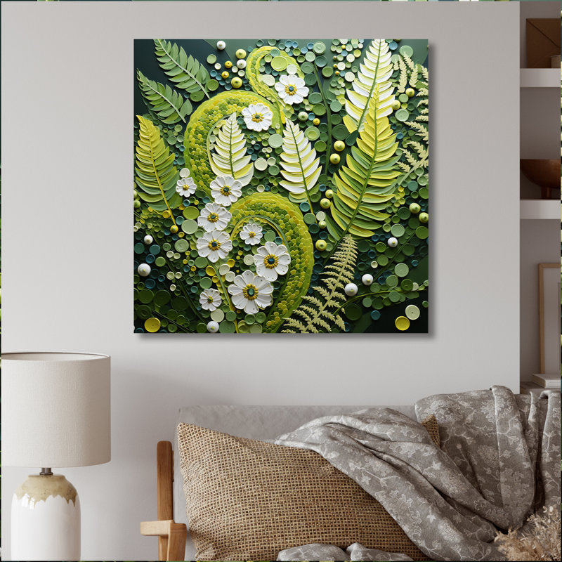 Whimsical Green Ferns and Floral Abstract Oil Painting for Nature Lovers