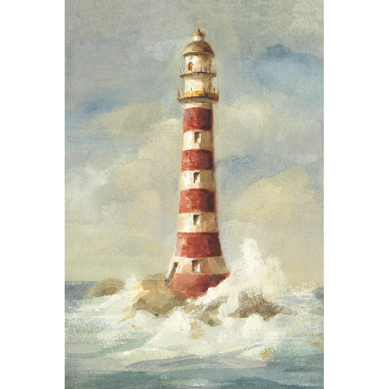 Coastal Serenity: Striking Red and White Lighthouse Oil Painting