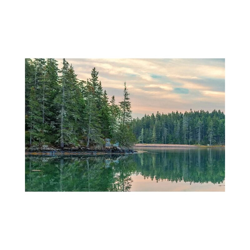 Tranquil Maine Landscape Oil Painting with Reflections and Serene Waterscape