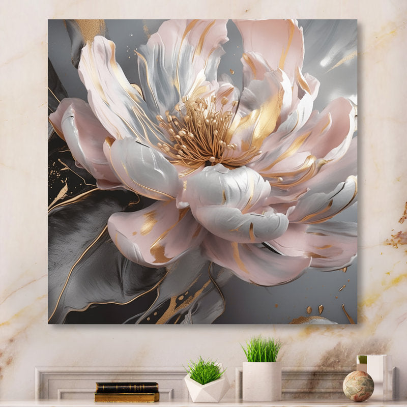 Elegant Pink and Gold Peony Flower Oil Painting for Home Decor