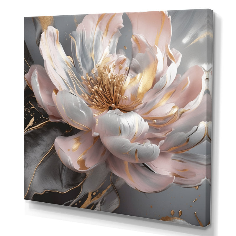 Elegant Pink and Gold Peony Flower Oil Painting for Home Decor