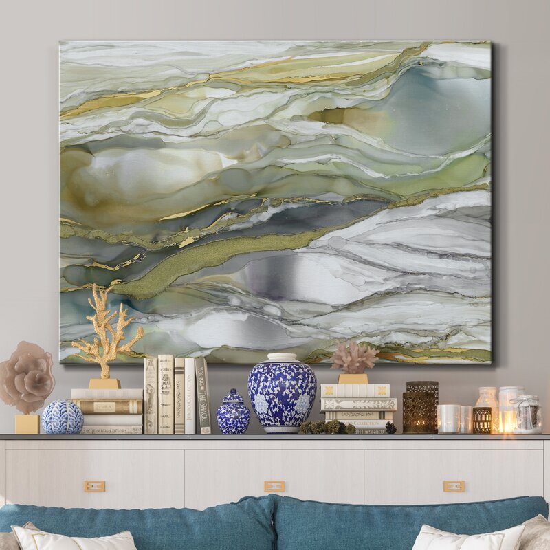 Elegant Marbled Glass Abstract Painting with Gold Accents for Modern Home Décor